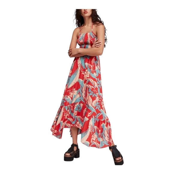 FREE PEOPLE Red & Blue Floral Halter Midi Dress Smocked Bodice  Asymmetrical Hem - Picture 10 of 10
